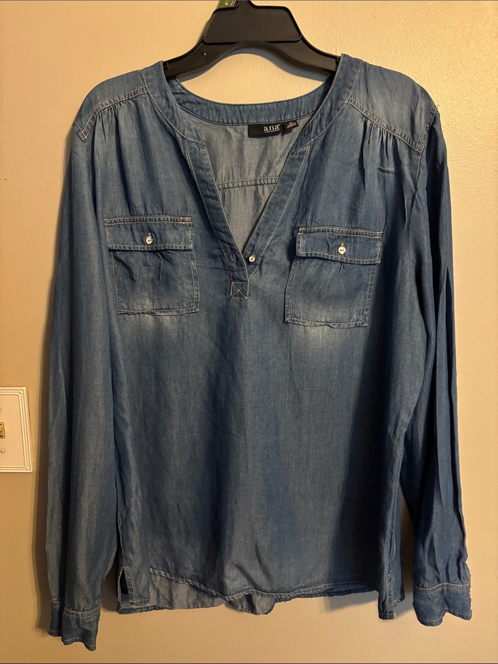 a.n.a Light Blue distressed Denim Long Sleeve Henley Top